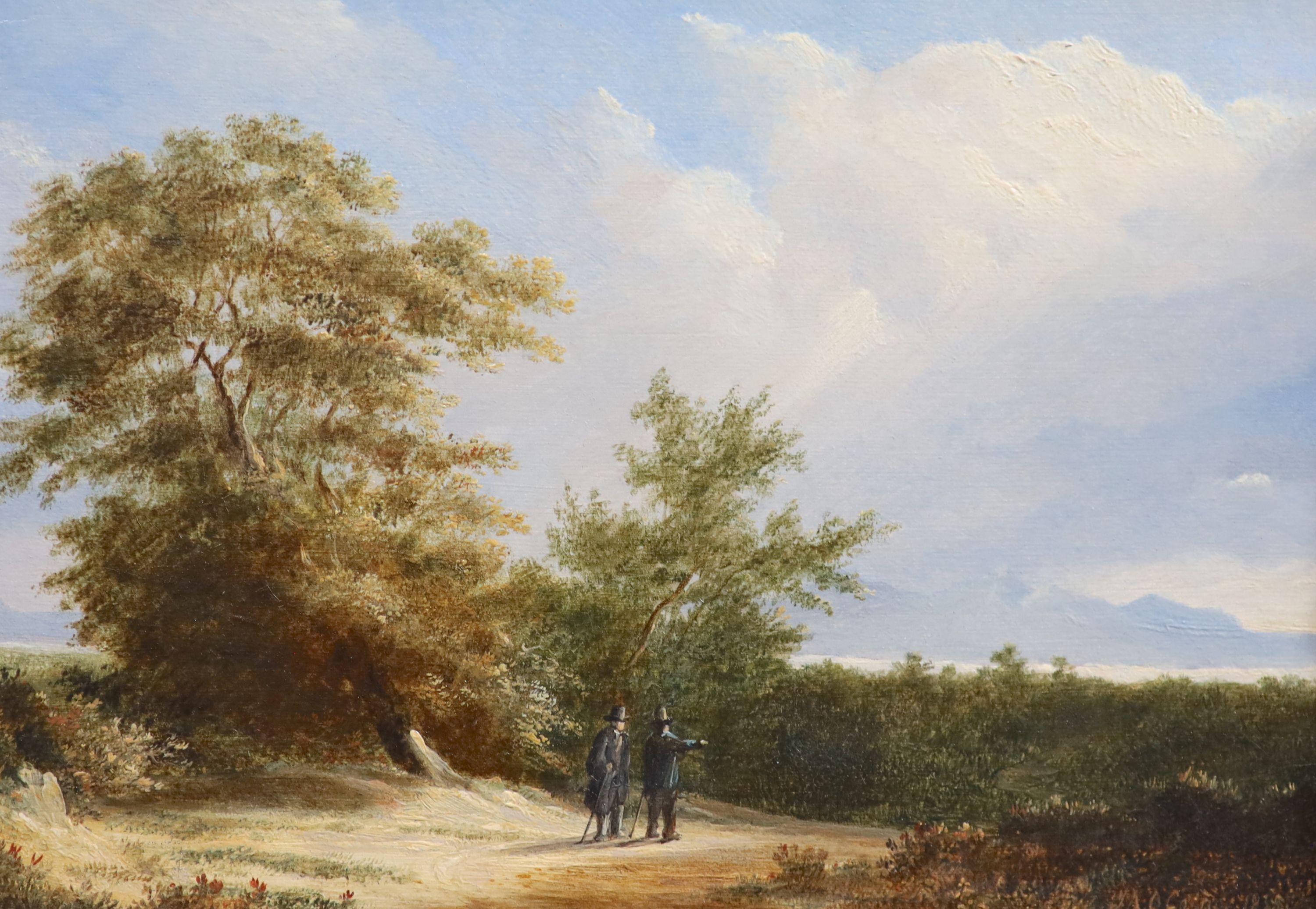 James Arthur O’Connor (Irish, 1792-1841), Travellers in landscapes, Oil on wooden panel, a pair, 14 x 19cm.